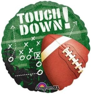 Football themed foil balloon with 'Touch Down!' text for sports celebrations.