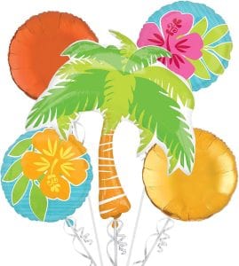 Colorful tropical foil balloons with palm tree design for summer parties.