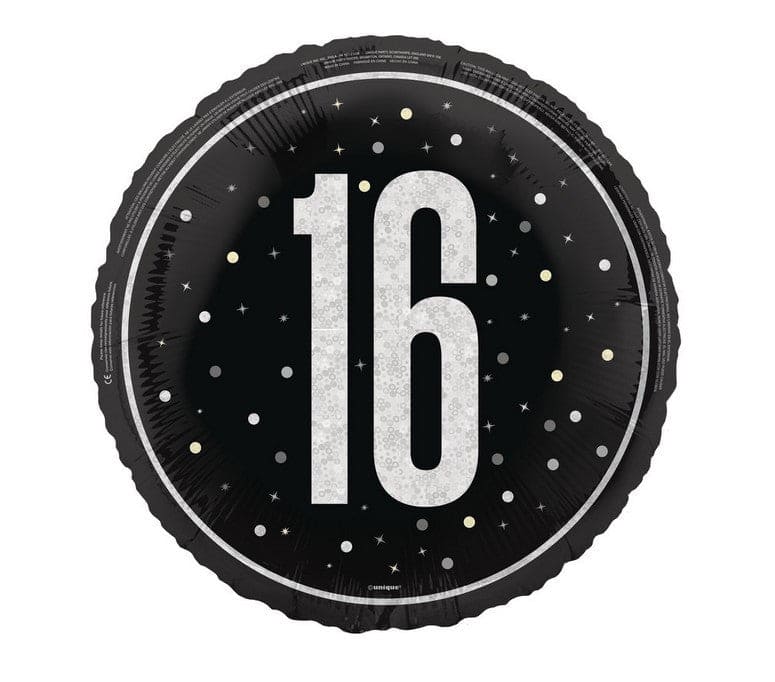 16th birthday foil balloon black silver