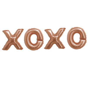 Rose gold foil balloons spelling XOXO for celebrations.